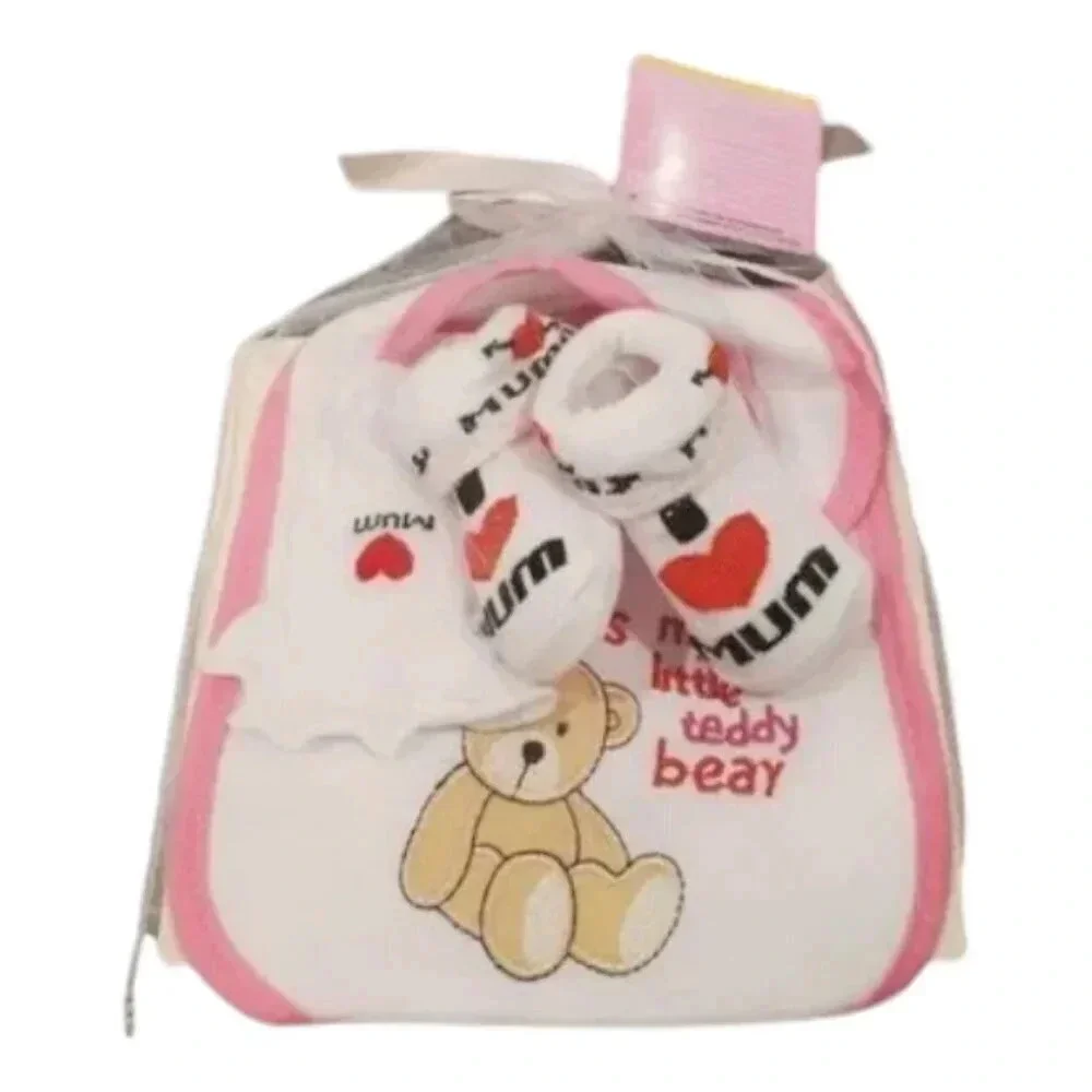 Baby Girl Newborn Gift Set Teddy Bear Bib, Mittens, Socks Gift Set